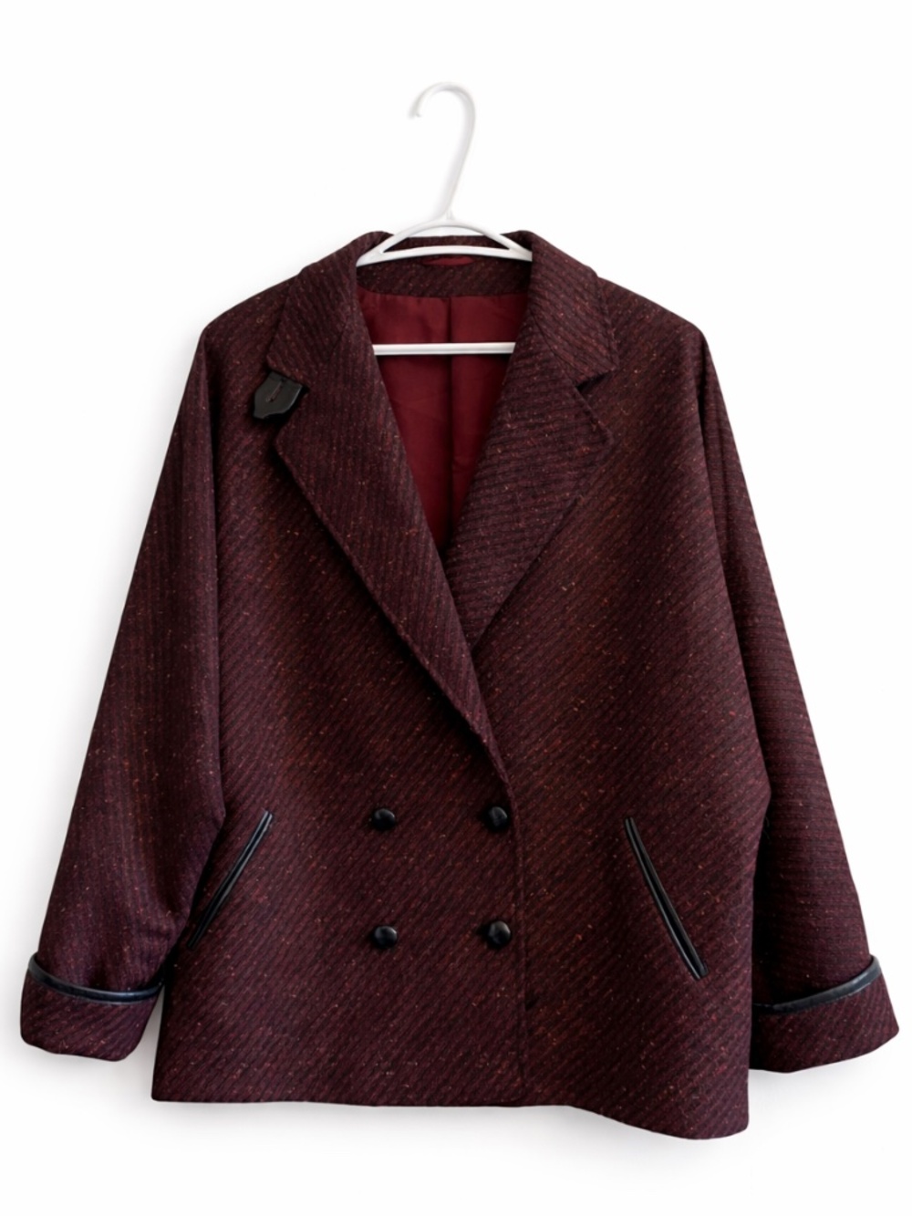 Vintage BHS Wool Burgundy Double-Breasted Cape Coat w Leather Trim Size 18